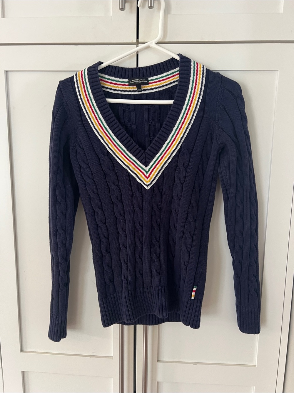 Hudson’s Bay Company Navy Cable Knit V-Neck Sweater with Contrast Stripe Trim